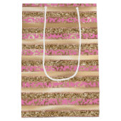 ピンク金ゴールドグリッターヒョウ印刷ストライプ ミディアムペーパーバッグ (裏面)