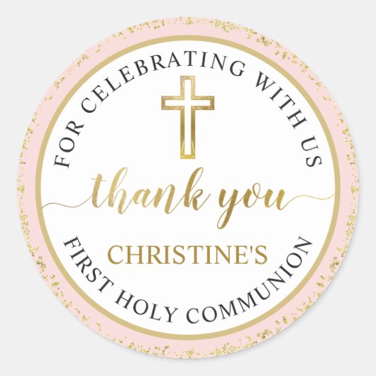 ピンク金ゴールドグリッターファーストホーリーコミュニオンサンキュー ラウンドシール (正面)
