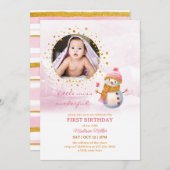 ピンク金ゴールドグリッターフォト子供の誕生日招待状 招待状 (正面/裏面)