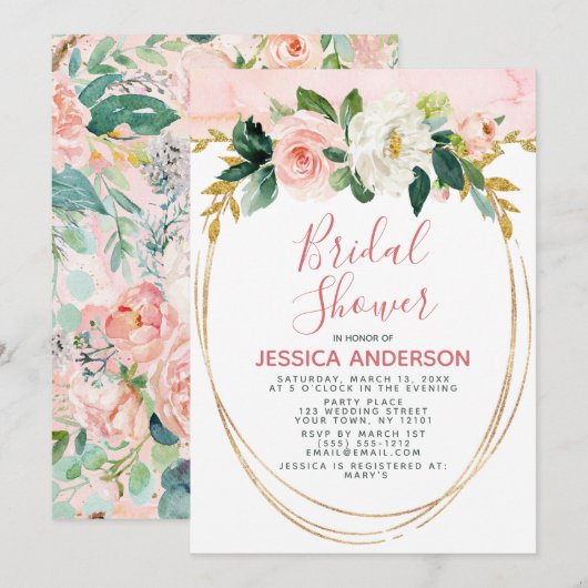 ピンク金ゴールドグリッターフローラブライダルシャワー 招待状 (正面/裏面)