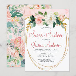 ピンク金ゴールドグリッターフローラSweet sixteen誕生日 招待状