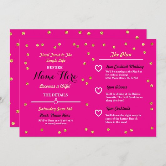 ピンク金ゴールドグリッターブライダルシャワー旅程招待状 招待状 (正面/裏面)