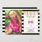 ピンク金ゴールドグリッターブラックLlama誕生日パーティー写真 招待状 (正面/裏面)