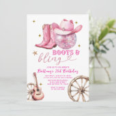 ピンク金ゴールドグリッターブーツきらきら光ると21歳の誕生日 招待状 (スタンド正面)
