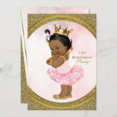 ピンク金ゴールドグリッタープリンセスヴィンテージベビーガールパーティー 招待状 (正面/裏面)