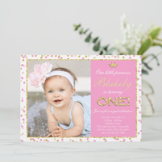 ピンク金ゴールドグリッタープリンセス第1誕生日 招待状 (スタンド正面)