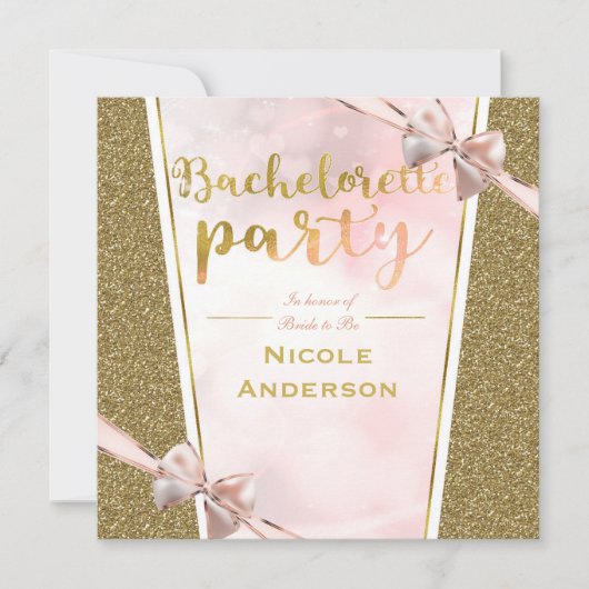 ピンク金ゴールドグリッターボウスパークルバチェロレッテ 招待状 (正面)