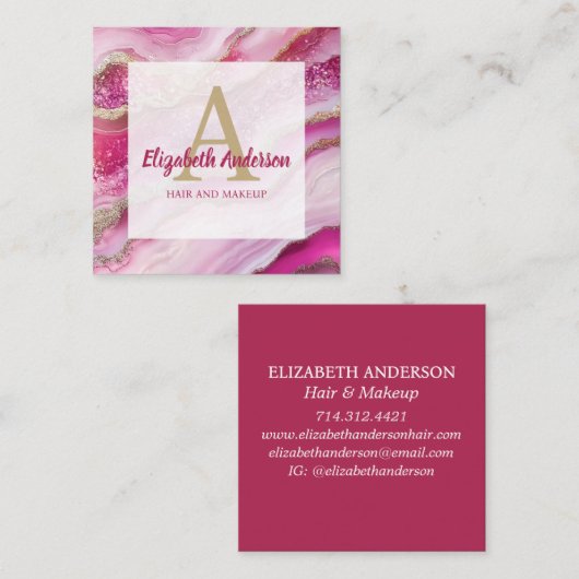 ピンク金ゴールドグリッターマーブルアゲートシックモノグラム スクエア名刺 (正面/裏面)