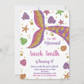 ピンク金ゴールドグリッターマーメイドテール誕生日 招待状 (正面)