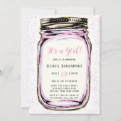 ピンク金ゴールドグリッターメイスンジャールガールベビーシャワー 招待状 (正面)