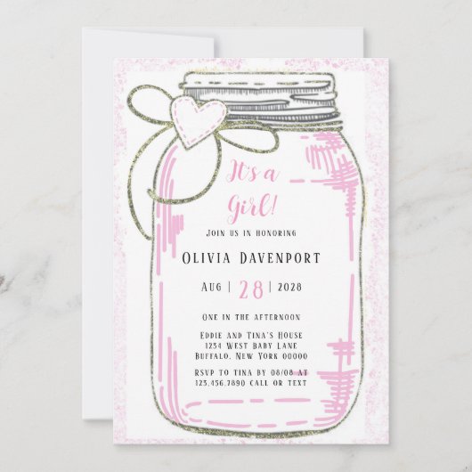 ピンク金ゴールドグリッターメイソンジャールガールベビーシャワーインビット 招待状 (正面)
