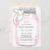 ピンク金ゴールドグリッターメイソンジャールガールベビーシャワーインビット 招待状 (正面/裏面)