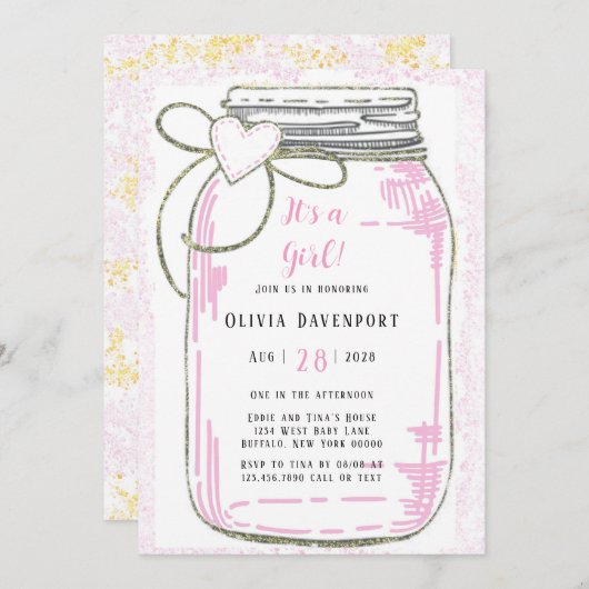 ピンク金ゴールドグリッターメイソンジャールガールベビーシャワーインビット 招待状 (正面/裏面)