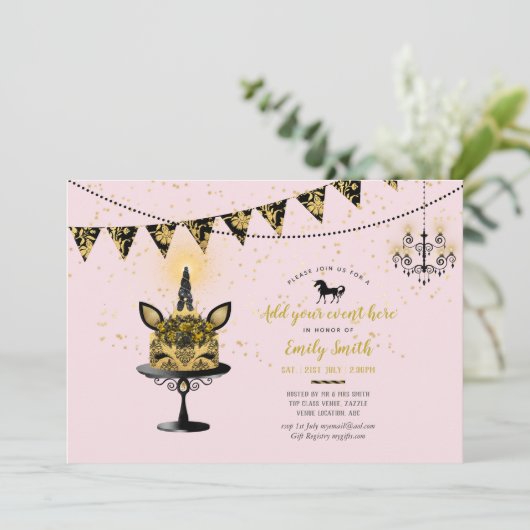 ピンク金ゴールドグリッターユニコーンスウィート16キンセアニェラ12日 招待状 (スタンド正面)