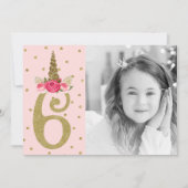ピンク金ゴールドグリッターユニコーン第6回6回バースデーパーティー 招待状 (正面)