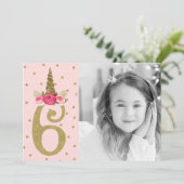 ピンク金ゴールドグリッターユニコーン第6回6回バースデーパーティー 招待状 (スタンド正面)