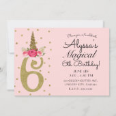 ピンク金ゴールドグリッターユニコーン第6回6回バースデーパーティー 招待状 (裏面)