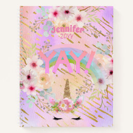 ピンク金ゴールドグリッターユニコーン顔ガールズやる気を起こさせる ノートブック