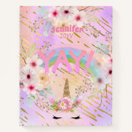 ピンク金ゴールドグリッターユニコーン顔ガールズやる気を起こさせる ノートブック