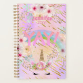 ピンク金ゴールドグリッターユニコーン顔ガールズやる気を起こさせる プランナー手帳 (正面)