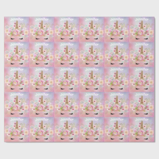ピンク金ゴールドグリッターユニコーン顔ガールバースデーパーティー ラッピングペーパー (フラット)