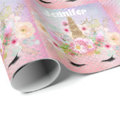 ピンク金ゴールドグリッターユニコーン顔ガールバースデーパーティー ラッピングペーパー (ロールコーナー)