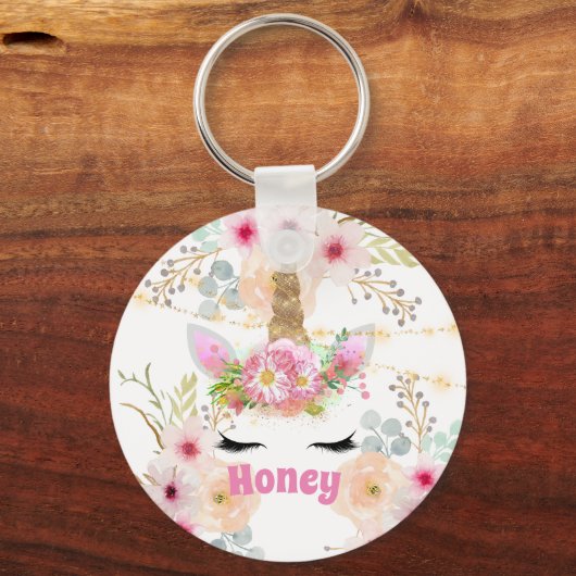 ピンク金ゴールドグリッターユニコーン顔トレンディーガールズギフト キーホルダー (正面)