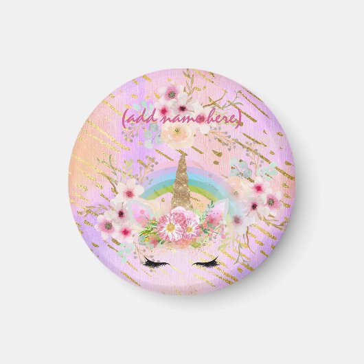 ピンク金ゴールドグリッターユニコーン顔レインボーガールズギフト マグネット (正面)