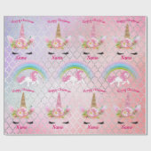 ピンク金ゴールドグリッターユニコーン顔レインボーガールズギフト ラッピングペーパー (フラット)