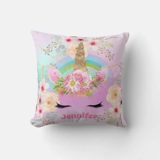 ピンク金ゴールドグリッターユニコーン顔花女の子ギフト クッション (正面)