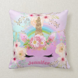ピンク金ゴールドグリッターユニコーン顔花女の子ギフト クッション