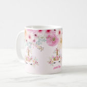 ピンク金ゴールドグリッターユニコーン顔花女の子ギフト コーヒーマグカップ (正面左)