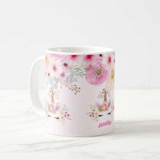 ピンク金ゴールドグリッターユニコーン顔花女の子ギフト コーヒーマグカップ (正面左)