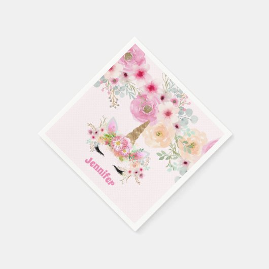 ピンク金ゴールドグリッターユニコーン顔花女の子ギフト スタンダードカクテルナプキン (角)