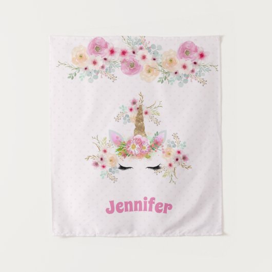 ピンク金ゴールドグリッターユニコーン顔花女の子ギフト タペストリー (正面)