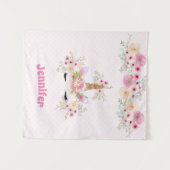 ピンク金ゴールドグリッターユニコーン顔花女の子ギフト タペストリー (正面(横))