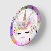 ピンク金ゴールドグリッターユニコーン顔花女の子ギフト ラウンド壁時計 (傾斜)