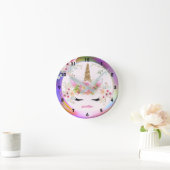 ピンク金ゴールドグリッターユニコーン顔花女の子ギフト ラウンド壁時計 (ホーム)