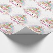 ピンク金ゴールドグリッターユニコーン顔花女の子ギフト ラッピングペーパー (角)