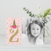 ピンク金ゴールドグリッターユニコーン2 2nd誕生日パーティー 招待状 (スタンド正面)