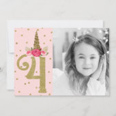ピンク金ゴールドグリッターユニコーン4 4th誕生日パーティー 招待状 (正面)