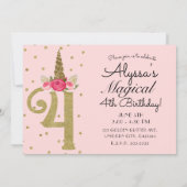 ピンク金ゴールドグリッターユニコーン4 4th誕生日パーティー 招待状 (裏面)