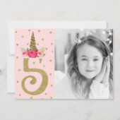 ピンク金ゴールドグリッターユニコーン5 5thバースデーパーティー 招待状 (正面)