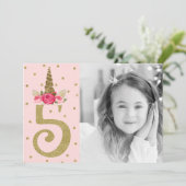 ピンク金ゴールドグリッターユニコーン5 5thバースデーパーティー 招待状 (スタンド正面)