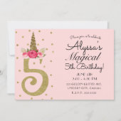 ピンク金ゴールドグリッターユニコーン5 5thバースデーパーティー 招待状 (裏面)