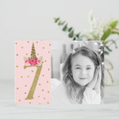 ピンク金ゴールドグリッターユニコーン7 7thバースデーパーティー 招待状 (スタンド正面)