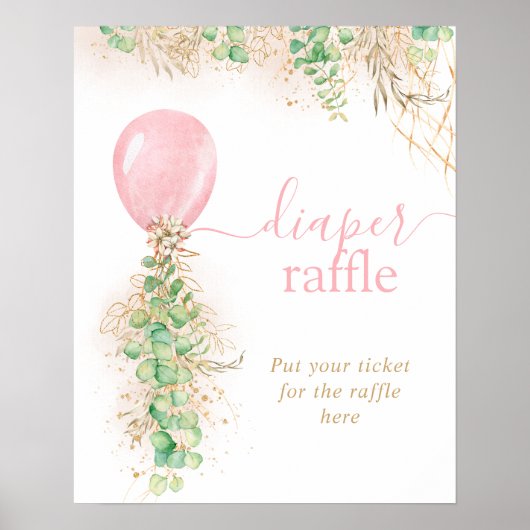 ピンク金ゴールドグリッターユーカリ風船おむつラッフル ポスター (正面)