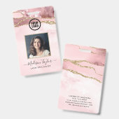 ピンク金ゴールドグリッター大理石Agateフォトビジネスロゴ バッジ (正面＆裏面)