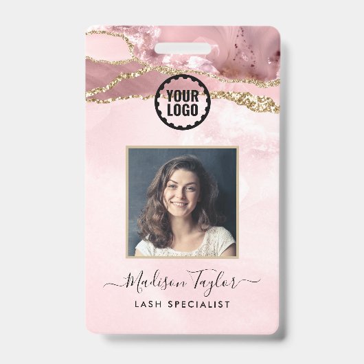 ピンク金ゴールドグリッター大理石Agateフォトビジネスロゴ バッジ (正面)