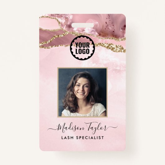 ピンク金ゴールドグリッター大理石Agateフォトビジネスロゴ バッジ (正面)